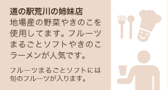 道の駅荒川の姉妹店。地場産の野菜やきのこを使用してます。フルーツまるごとソフトやきのこラーメンが人気です。フルーツまるごとソフトには旬のフルーツが入ります。